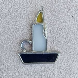 VTG Mini Candle Stained Glass Suncatcher Small White Blue Hanging 2 3/4"